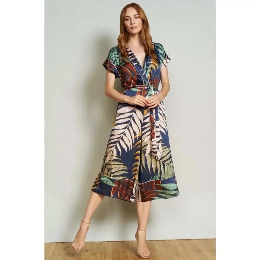 Hutch Jess Midi Crop Jumpsuit Size M Leaf Print Navy Rust Surplice Neck Wide Leg